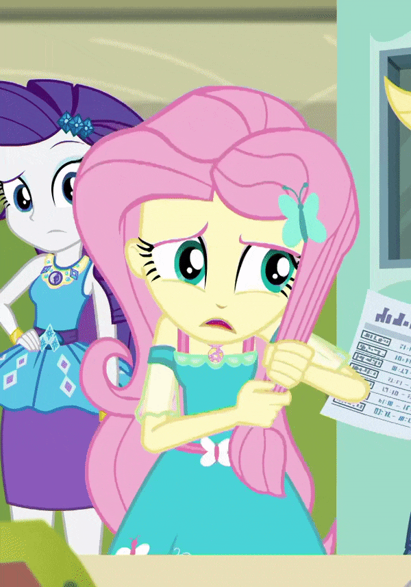 Size: 600x857 | Tagged: safe, screencap, character:fluttershy, character:rarity, episode:schedule swap, g4, my little pony:equestria girls, animated, canterlot high, cropped, cute, duo, eyeshadow, female, geode of fauna, geode of shielding, gif, hair grab, magical geodes, makeup, nervous, playing with hair, raised eyebrow, shyabetes
