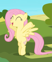 Size: 515x614 | Tagged: safe, screencap, character:fluttershy, species:pegasus, species:pony, episode:the crystal empire, g4, my little pony: friendship is magic, bipedal, cropped, cute, eyes closed, female, mare, prancing, shyabetes, smiling