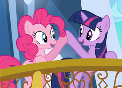 Size: 1306x939 | Tagged: safe, screencap, character:pinkie pie, character:twilight sparkle, character:twilight sparkle (unicorn), species:earth pony, species:pony, species:unicorn, episode:the crystal empire, g4, my little pony: friendship is magic, balcony, cropped, female, hoofbump, leaning, looking at each other, mare, open mouth, proud, smiling