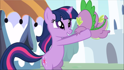 Size: 1669x941 | Tagged: safe, screencap, character:spike, character:twilight sparkle, character:twilight sparkle (unicorn), species:dragon, species:pony, species:unicorn, episode:the crystal empire, g4, my little pony: friendship is magic, bipedal, cute, duo, female, male, mare, smiling, twiabetes