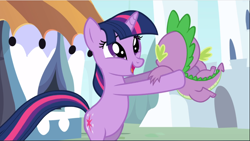 Size: 1668x942 | Tagged: safe, screencap, character:spike, character:twilight sparkle, character:twilight sparkle (unicorn), species:dragon, species:pony, species:unicorn, episode:the crystal empire, g4, my little pony: friendship is magic, bipedal, cute, duo, female, male, mare, open mouth, smiling, twiabetes
