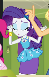 Size: 477x747 | Tagged: safe, screencap, character:applejack, character:pinkie pie, character:rarity, episode:schedule swap, g4, my little pony:equestria girls, canterlot high, clothing, cropped, eyes closed, female, geode of shielding, magical geodes, offscreen character, skirt