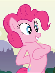 Size: 708x940 | Tagged: safe, screencap, character:pinkie pie, species:earth pony, species:pony, episode:too many pinkie pies, g4, my little pony: friendship is magic, bipedal, cropped, female, hoof on chest, hooves behind back, mare, smiling, solo