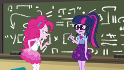 Size: 1920x1080 | Tagged: safe, screencap, character:pinkie pie, character:twilight sparkle, character:twilight sparkle (scitwi), species:eqg human, episode:schedule swap, g4, my little pony:equestria girls, canterlot high, chalkboard, classroom, geode of sugar bombs, geode of telekinesis, magical geodes, ponytail, written equestrian