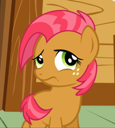 Size: 846x938 | Tagged: safe, screencap, character:babs seed, species:pony, episode:one bad apple, g4, my little pony: friendship is magic, covering, cropped, female, filly, freckles, frown, raised eyebrow, shy, solo, tail covering, timid, wavy mouth
