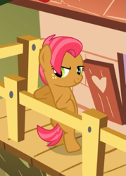 Size: 447x625 | Tagged: safe, screencap, character:babs seed, species:pony, episode:one bad apple, g4, my little pony: friendship is magic, bipedal, bipedal leaning, clubhouse, cool, cropped, crusaders clubhouse, leaning, leaning back, smiling, smirk, solo