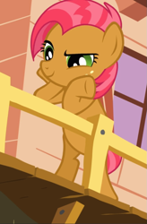 Size: 617x938 | Tagged: safe, screencap, character:babs seed, species:pony, episode:one bad apple, g4, my little pony: friendship is magic, balcony, bipedal, bipedal leaning, clubhouse, cropped, crusaders clubhouse, female, filly, freckles, hooves on cheeks, leaning, raised eyebrow, smiling, smirk, solo
