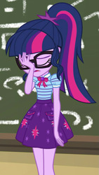 Size: 521x924 | Tagged: safe, screencap, character:twilight sparkle, character:twilight sparkle (scitwi), species:eqg human, episode:schedule swap, g4, my little pony:equestria girls, canterlot high, chalkboard, classroom, clothing, cropped, facepalm, geode of telekinesis, glasses, magical geodes, ponytail, skirt
