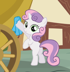 Size: 708x727 | Tagged: safe, screencap, character:sweetie belle, species:pony, species:unicorn, episode:one bad apple, g4, my little pony: friendship is magic, bipedal, cropped, female, filly, holding, looking at you, looking back, rag, raised hoof, smiling, solo, washcloth, wiping