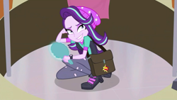 Size: 1920x1080 | Tagged: safe, screencap, character:starlight glimmer, equestria girls:mirror magic, g4, my little pony:equestria girls, bag, beanie, boots, clothing, hat, plants, ripped pants, shirt, shoes, smiling, solo, vest