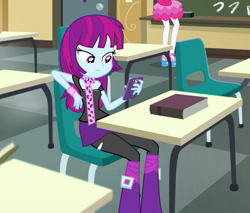 Size: 624x531 | Tagged: safe, screencap, character:mystery mint, character:pinkie pie, episode:schedule swap, g4, my little pony:equestria girls, background human, book, boots, bored, canterlot high, cellphone, classroom, clothing, female, miniskirt, offscreen character, pantyhose, phone, sandals, scarf, shoes, skirt, smartphone