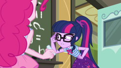 Size: 1920x1080 | Tagged: safe, screencap, character:pinkie pie, character:twilight sparkle, character:twilight sparkle (scitwi), species:eqg human, episode:schedule swap, g4, my little pony:equestria girls, chalk, chalkboard, clothing, geode of telekinesis, glasses, magical geodes, ponytail, skirt