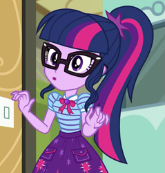 Size: 879x918 | Tagged: safe, screencap, character:twilight sparkle, character:twilight sparkle (scitwi), species:eqg human, episode:schedule swap, g4, my little pony:equestria girls, canterlot high, chalkboard, clothing, cropped, cute, geode of telekinesis, glasses, magical geodes, ponytail, skirt, twiabetes