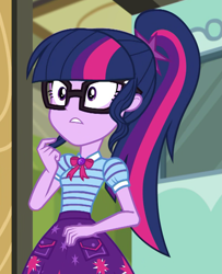 Size: 795x979 | Tagged: safe, screencap, character:twilight sparkle, character:twilight sparkle (scitwi), species:eqg human, episode:schedule swap, g4, my little pony:equestria girls, canterlot high, chalkboard, clothing, cropped, geode of telekinesis, glasses, magical geodes, ponytail, skirt