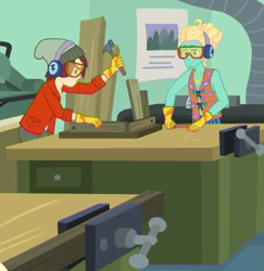 Size: 376x387 | Tagged: safe, screencap, character:normal norman, character:zephyr breeze, episode:schedule swap, g4, my little pony:equestria girls, background human, clothing, cropped, gloves, goggles, hammer, male, safety goggles, zephyr's necklace