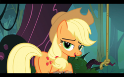 Size: 1024x640 | Tagged: safe, screencap, character:applejack, species:earth pony, species:pony, episode:spike at your service, g4, my little pony: friendship is magic, female, lidded eyes, mare, youtube caption
