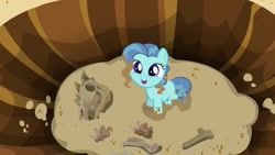 Size: 1024x576 | Tagged: safe, screencap, character:petunia paleo, species:earth pony, species:pony, episode:the fault in our cutie marks, g4, my little pony: friendship is magic, bone, cute, dinosaur, dirty, discovery, earth, excited, female, filly, hole, looking up, paleontology, petuniabetes, solo, spiny back ponysaurus
