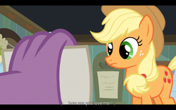Size: 1024x640 | Tagged: safe, screencap, character:applejack, character:spike, species:earth pony, species:pony, ship:applespike, episode:spike at your service, g4, my little pony: friendship is magic, female, male, mare, shipping, straight, youtube caption