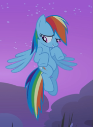 Size: 473x647 | Tagged: safe, screencap, character:rainbow dash, species:pegasus, species:pony, episode:sleepless in ponyville, g4, my little pony: friendship is magic, cropped, embarrassed, female, flying, looking down, mare, night, sheepish grin, smiling, solo, spread wings, stars, wings