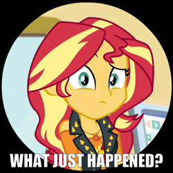 Size: 521x521 | Tagged: safe, screencap, character:sunset shimmer, episode:schedule swap, g4, my little pony:equestria girls, computer, cropped, ending, female, geode of empathy, looking at you, magical geodes, raised eyebrow, solo, text, what just happened