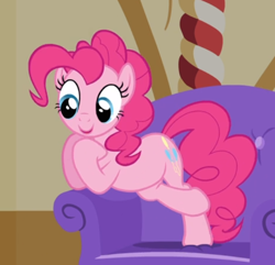 Size: 606x583 | Tagged: safe, screencap, character:pinkie pie, species:earth pony, species:pony, episode:just for sidekicks, g4, my little pony: friendship is magic, chair, cropped, crossed hooves, cute, diapinkes, female, hoof on chin, looking down, mare, open mouth, smiling, solo, standing, standing on one leg
