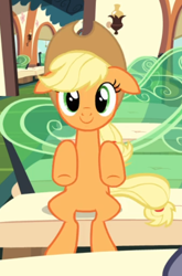 Size: 444x671 | Tagged: safe, screencap, character:applejack, species:earth pony, species:pony, episode:just for sidekicks, g4, my little pony: friendship is magic, cropped, cute, female, floppy ears, jackabetes, looking at you, mare, sitting, smiling