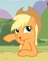 Size: 448x575 | Tagged: safe, screencap, character:applejack, species:earth pony, species:pony, episode:apple family reunion, g4, my little pony: friendship is magic, applejack's hat, clothing, cowboy hat, cropped, cute, female, freckles, hat, jackabetes, leaning, mare, open mouth, raised hoof, smiling, stetson