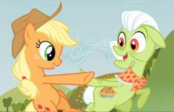 Size: 1452x939 | Tagged: safe, screencap, character:applejack, character:granny smith, species:earth pony, species:pony, episode:apple family reunion, g4, my little pony: friendship is magic, bipedal, cropped, cutie mark, dancing, elderly, female, freckles, grandmother, grandmother and grandchild, grandmother and granddaughter, mare, open mouth, raise this barn, smiling, twirl