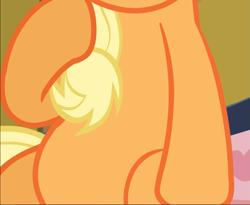 Size: 1143x939 | Tagged: safe, screencap, character:applejack, species:earth pony, species:pony, episode:apple family reunion, g4, my little pony: friendship is magic, belly, chubby, chubby jack, cropped, female, mare, pictures of bellies, raised hoof, sitting, solo