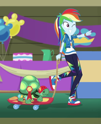 Size: 808x991 | Tagged: safe, screencap, character:rainbow dash, character:tank, episode:best in show: the victory lap, g4, my little pony:equestria girls, converse, cropped, cute, dashabetes, geode of super speed, helmet, magical geodes, one eye closed, pointing, ribbon, shoes, skateboard, sneakers, tortoise, wink