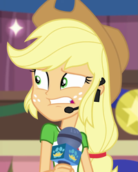 Size: 863x1078 | Tagged: safe, screencap, character:applejack, episode:best in show: the victory lap, g4, my little pony:equestria girls, cropped, microphone, solo