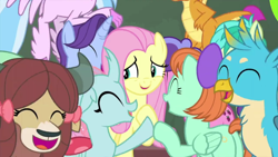 Size: 1920x1080 | Tagged: safe, screencap, character:berry blend, character:berry bliss, character:fluttershy, character:gallus, character:november rain, character:ocellus, character:peppermint goldylinks, character:sandbar, character:silverstream, character:smolder, character:yona, species:changedling, species:classical hippogriff, species:dragon, species:earth pony, species:griffon, species:hippogriff, species:pegasus, species:pony, species:unicorn, species:yak, background pony, cute, diaocelles, eyes closed, female, friendship student, gallabetes, mare, offscreen character, open mouth, peppermint adoralinks, plot, raised hoof, shyabetes, student six, teacher of the month (episode), teenager, yonadorable