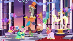 Size: 1920x1080 | Tagged: safe, screencap, character:discord, character:fluttershy, character:pinkie pie, character:pokey pierce, character:spike, character:tree hugger, episode:make new friends but keep discord, g4, my little pony: friendship is magic, clothing, dress, funny background event, gala dress, grand galloping gala, implied shipping, shrug