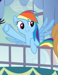 Size: 536x687 | Tagged: safe, screencap, character:rainbow dash, species:pegasus, species:pony, episode:spike at your service, g4, my little pony: friendship is magic, cropped, cute, dashabetes, female, mare, offscreen character, raised hoof, smiling, solo, spread wings, window, wings