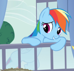 Size: 666x642 | Tagged: safe, screencap, character:rainbow dash, species:pegasus, species:pony, episode:spike at your service, g4, my little pony: friendship is magic, cropped, cute, dashabetes, female, leaning, mare, smiling, window