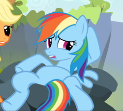 Size: 931x843 | Tagged: safe, screencap, character:applejack, character:rainbow dash, species:earth pony, species:pegasus, species:pony, episode:spike at your service, g4, my little pony: friendship is magic, cropped, female, head rub, hoof on head, lidded eyes, lying down, mare, offscreen character, on back, open mouth, raised hoof, rock, solo focus