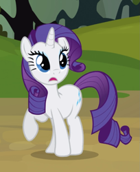 Size: 731x896 | Tagged: safe, screencap, character:rarity, species:pony, species:unicorn, episode:spike at your service, g4, my little pony: friendship is magic, cropped, everfree forest, female, mare, open mouth, raised hoof, shadow, shocked, solo