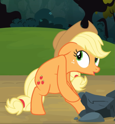 Size: 817x878 | Tagged: safe, screencap, character:applejack, species:earth pony, species:pony, episode:spike at your service, g4, my little pony: friendship is magic, belly, bipedal, cropped, cutie mark, female, floppy ears, freckles, looking up, mare, open mouth, pulling, rock, solo, stuck
