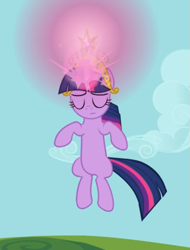 Size: 529x697 | Tagged: safe, screencap, character:twilight sparkle, character:twilight sparkle (unicorn), species:pony, species:unicorn, episode:keep calm and flutter on, g4, my little pony: friendship is magic, big crown thingy, cropped, element of magic, eyes closed, floating, glowing horn, jewelry, light, regalia, solo