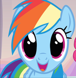Size: 924x938 | Tagged: safe, screencap, character:pinkie pie, character:rainbow dash, species:earth pony, species:pegasus, species:pony, episode:games ponies play, g4, my little pony: friendship is magic, close-up, cropped, cute, dashabetes, female, mare, offscreen character, open mouth, smiling, wide eyes