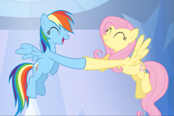 Size: 1393x938 | Tagged: safe, screencap, character:fluttershy, character:rainbow dash, species:pegasus, species:pony, episode:games ponies play, g4, my little pony: friendship is magic, cropped, cute, dashabetes, eyes closed, female, flying, hoofbump, mare, open mouth, shyabetes, smiling