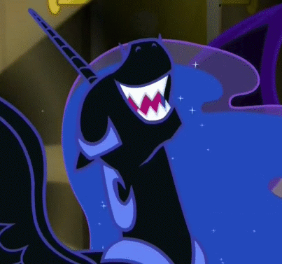 Size: 403x377 | Tagged: safe, screencap, character:nightmare moon, character:princess luna, species:alicorn, species:pony, episode:do princesses dream of magic sheep?, animated, cropped, evil laugh, fangs, female, gif, laughing, mare, reaction image, sharp teeth, solo, teeth