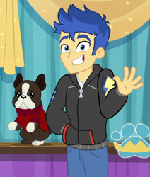 Size: 836x985 | Tagged: safe, screencap, character:flash sentry, species:dog, episode:best in show: the pre-show, g4, my little pony:equestria girls, banana (dog), best in show logo, boston terrier, cropped, cute, diasentres, hand in pocket, male, smiling, solo, waving