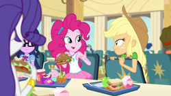 Size: 1920x1080 | Tagged: safe, screencap, character:applejack, character:blueberry cake, character:curly winds, character:pinkie pie, character:rarity, character:scott green, character:twilight sparkle, character:twilight sparkle (scitwi), species:eqg human, episode:schedule swap, g4, my little pony:equestria girls, apple, background human, blueberry cake, burger, cafeteria, canterlot high, caramel apple (food), cheeseburger, chips, cupcake, curly winds, food, geode of sugar bombs, geode of telekinesis, hamburger, magical geodes, potato chips, sandwich, scott green, some blue guy