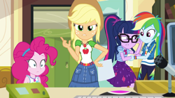 Size: 1920x1080 | Tagged: safe, screencap, character:applejack, character:pinkie pie, character:rainbow dash, character:twilight sparkle, character:twilight sparkle (scitwi), species:eqg human, episode:schedule swap, g4, my little pony:equestria girls, applejack's hat, canterlot high, celestia's office, clothing, cowboy hat, geode of sugar bombs, geode of super speed, geode of super strength, geode of telekinesis, glasses, hat, lockers, magical geodes, ponytail