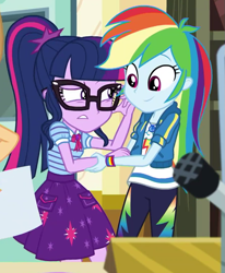 Size: 731x889 | Tagged: safe, screencap, character:rainbow dash, character:twilight sparkle, character:twilight sparkle (scitwi), species:eqg human, episode:schedule swap, g4, my little pony:equestria girls, canterlot high, cropped, geode of super speed, geode of telekinesis, magical geodes, ponytail