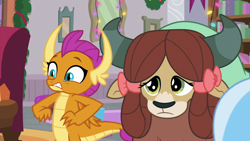 Size: 1280x720 | Tagged: safe, screencap, character:smolder, character:yona, species:dragon, species:yak, episode:the hearth's warming club, g4, my little pony: friendship is magic, dragoness, female