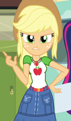 Size: 564x958 | Tagged: safe, screencap, character:applejack, character:twilight sparkle, character:twilight sparkle (scitwi), species:eqg human, episode:schedule swap, g4, my little pony:equestria girls, applejack's hat, belt, clothing, cowboy hat, cropped, denim skirt, freckles, geode of super strength, hat, magical geodes, offscreen character, skirt, stetson