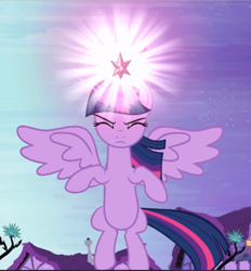 Size: 875x942 | Tagged: safe, screencap, character:twilight sparkle, character:twilight sparkle (alicorn), species:alicorn, species:pony, episode:princess twilight sparkle, g4, my little pony: friendship is magic, big crown thingy, cropped, crown, element of magic, eyes closed, floating, focus, jewelry, light, magic, regalia, solo, spread wings, wings