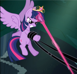 Size: 810x779 | Tagged: safe, screencap, character:twilight sparkle, character:twilight sparkle (alicorn), species:alicorn, species:pony, episode:princess twilight sparkle, g4, my little pony: friendship is magic, big crown thingy, black vine, blast, cropped, crown, element of magic, flying, glowing horn, gritted teeth, jewelry, magic, magic beam, magic blast, regalia, solo, spread wings, struggling, wings
